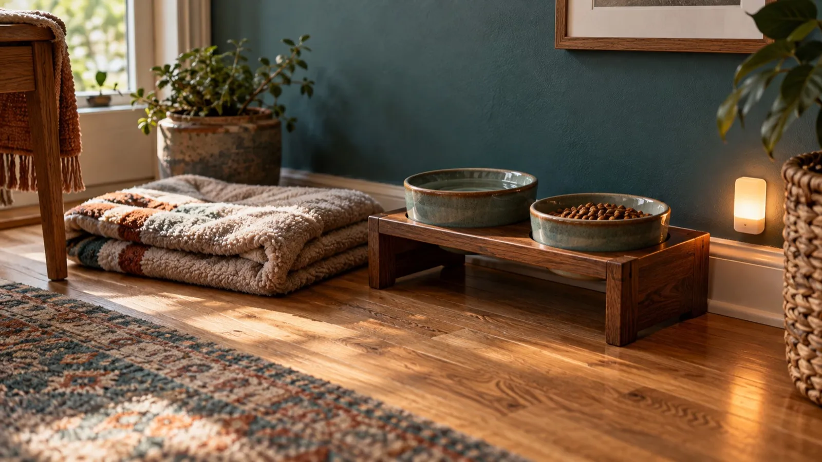 Raised ceramic water and food bowls on a wooden stand beside a folded fleece blanket and a glowing night light against a teal wall