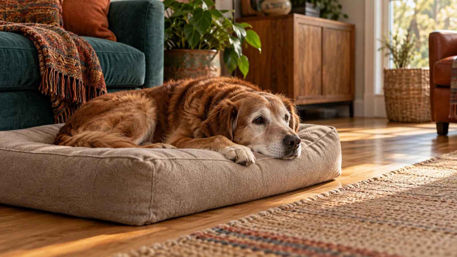 An old golden-red dog with a grey muzzle resting on a thick oat-colored foam bed on a wooden floor in a sunny living room