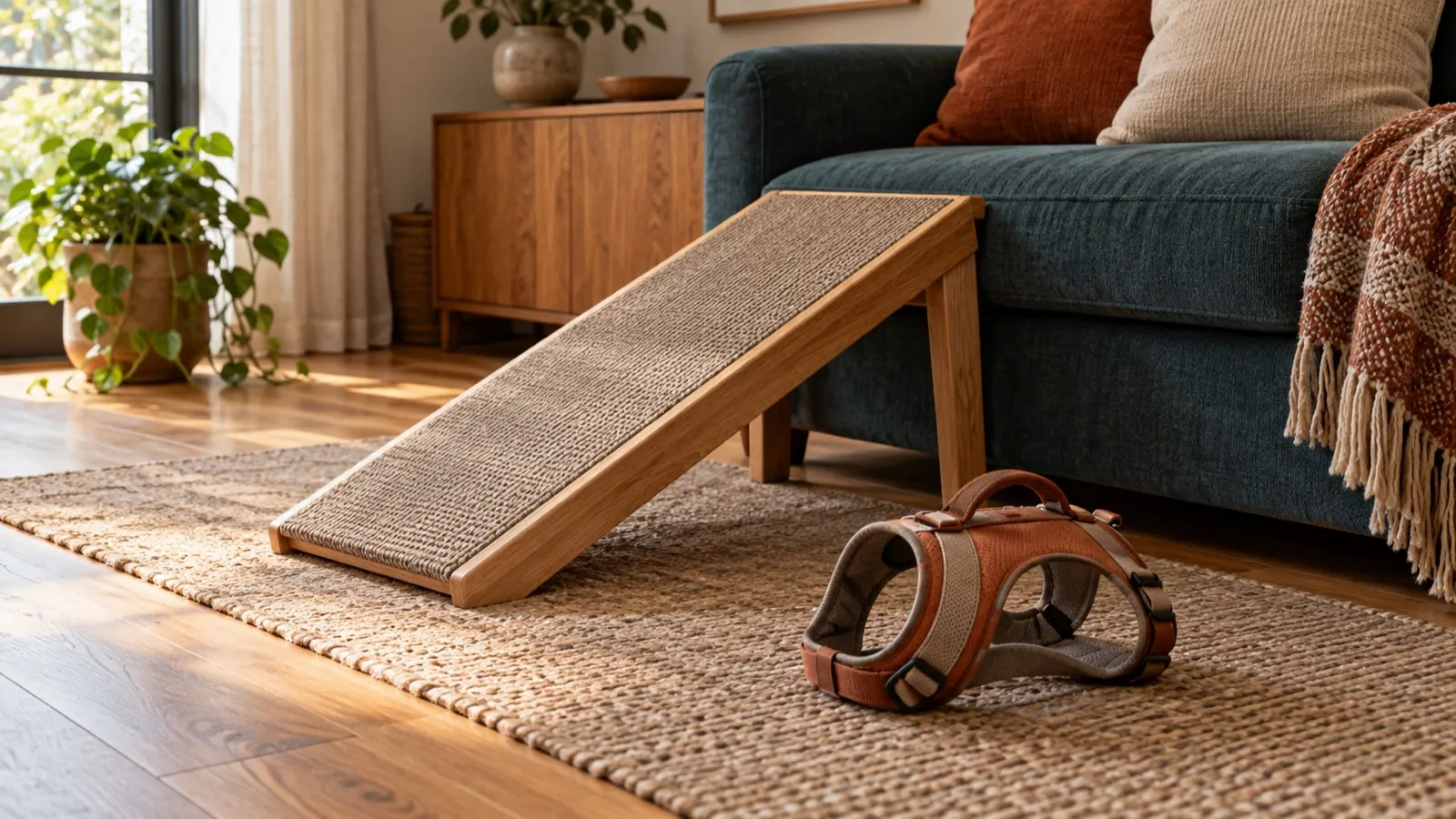 A low wooden ramp with a woven grip surface leaning against a teal sofa, with a padded dog harness on a jute rug beside it