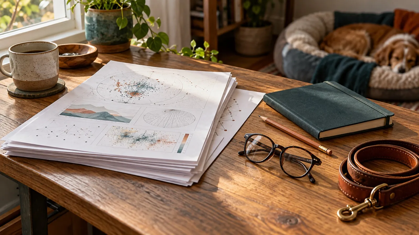 Printed research papers, reading glasses, a pencil, a green notebook and a leather leash on a wooden desk, with a dog asleep in a bed behind