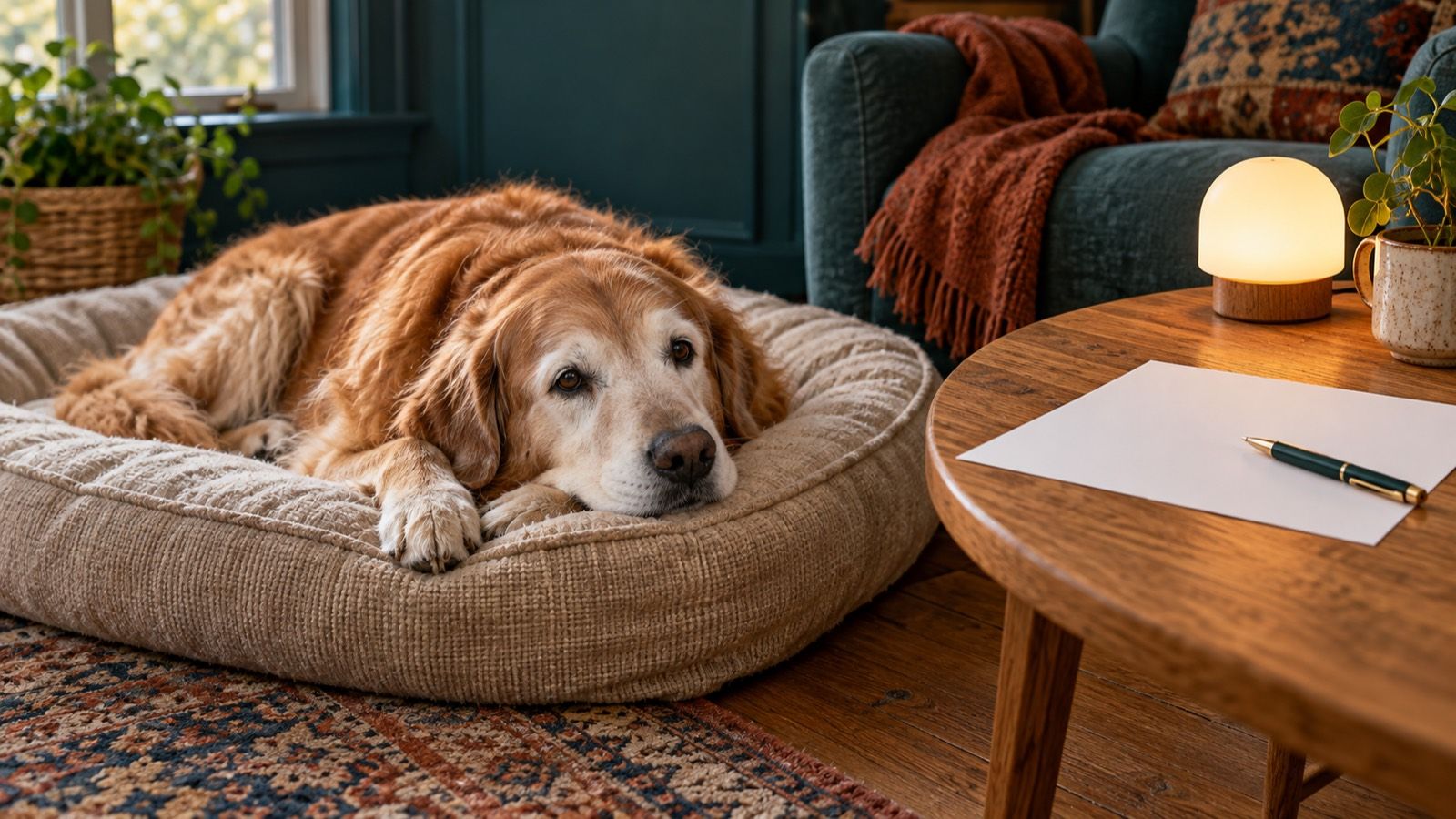 An old golden retriever resting on a thick oat-colored bed beside a lit night light and a blank sheet of paper with a pen
