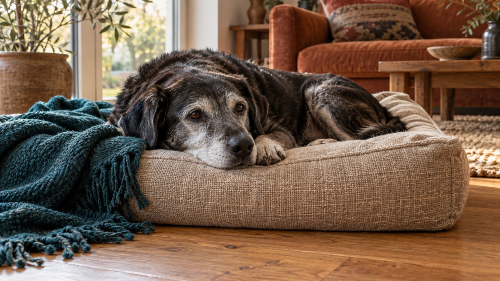 A grey-muzzled old dog resting on a thick oat-colored bed beside a teal blanket on an oak floor