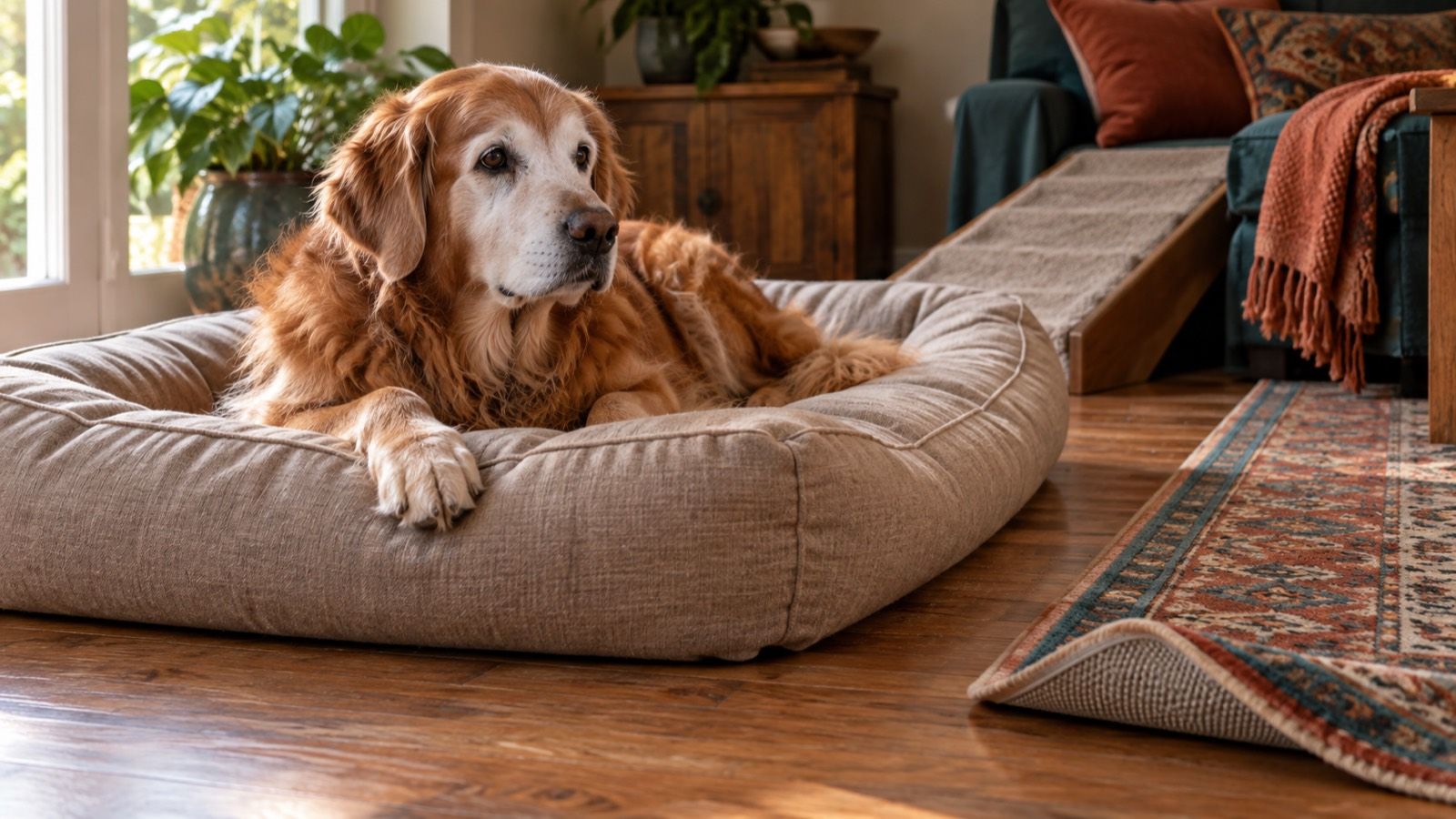 An older golden retriever with a gray muzzle resting on a thick oat-colored bed beside a grip-backed rug runner and a low carpeted ramp