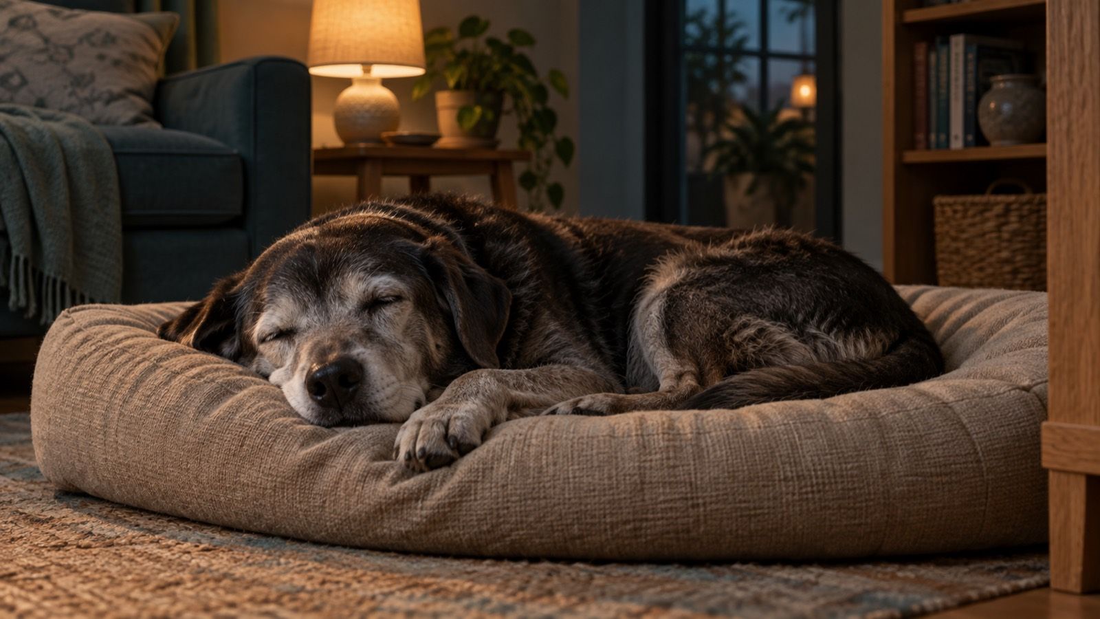 An older dog with a gray muzzle asleep on a thick oat-colored bed beside a lit lamp at night