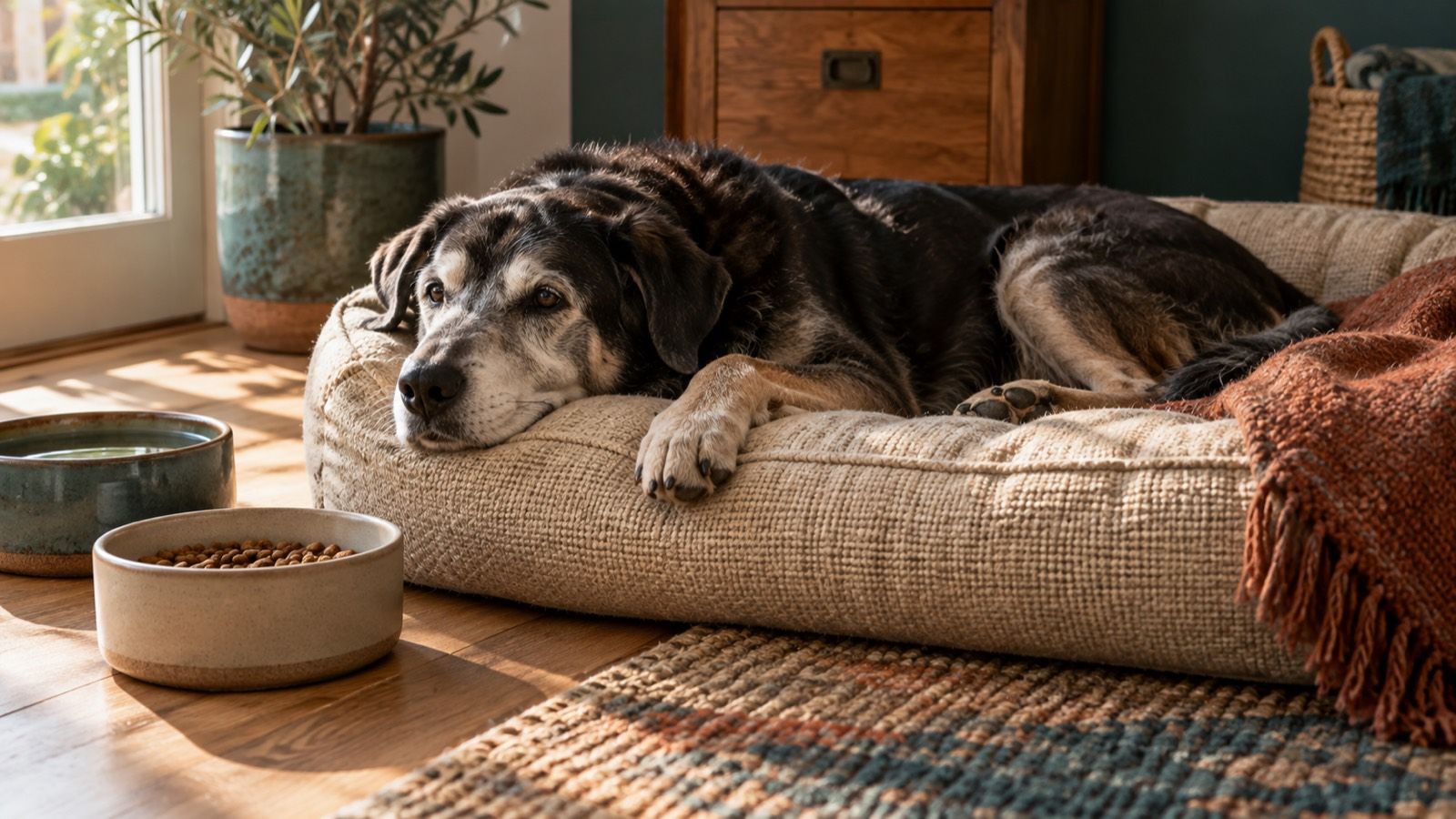 An older dog with a gray muzzle resting on a thick oat-colored bed beside a full food bowl and a water bowl on an oak floor